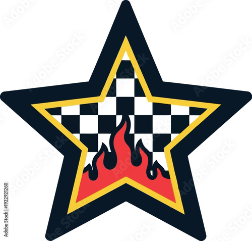 Racing star icon with checkered flag pattern and flame graphic for motorsport design