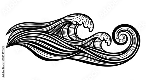 Black and white illustration of a stylized ocean wave.
