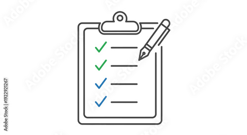 Simple line art illustration of a clipboard with checklist and pen.