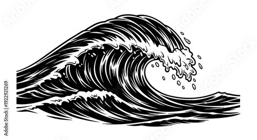 Black and white illustration of a large ocean wave crashing.