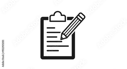 Simple line art icon of a clipboard with a pencil.