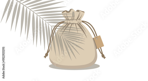 A beige fabric drawstring pouch with a brown tag sits on a white surface, partially covered by the shadow of a palm leaf.