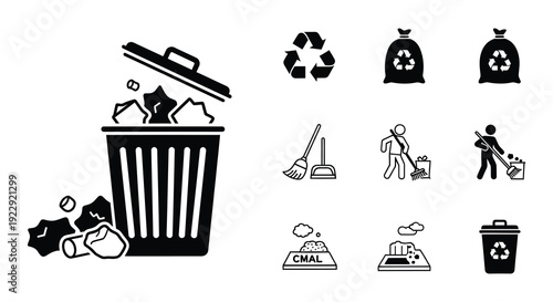 Waste management and recycling icons trash cans sorting and cleanup