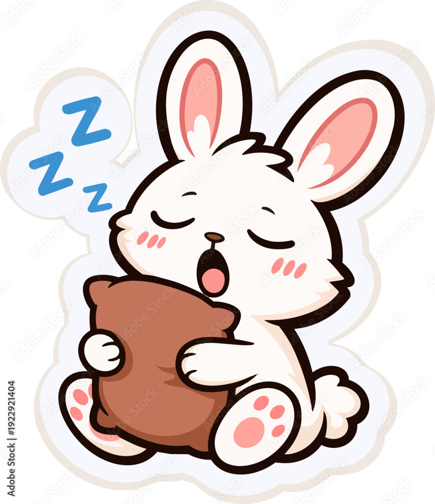 Obraz premium A kawaii-style illustration of a cute sleeping bunny holding a brown pillow with 
