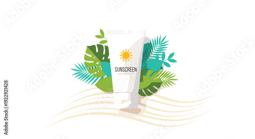 A white sunscreen tube with a sun logo stands surrounded by vibrant green and teal tropical leaves on an abstract wavy background.