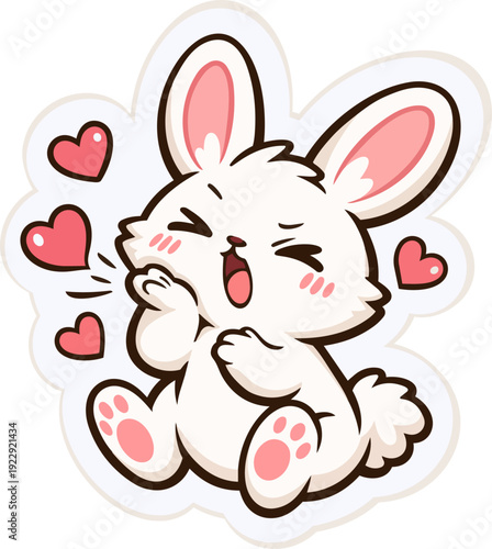 A cute kawaii-style illustration of a bunny winking and sharing love with heart symbols. This adorable design features soft pastel colors and rounded shapes, perfect for kids' illustrations, greeting 