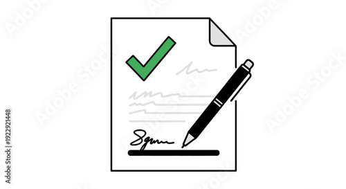 Simple line art illustration of a document with a green checkmark and a pen.