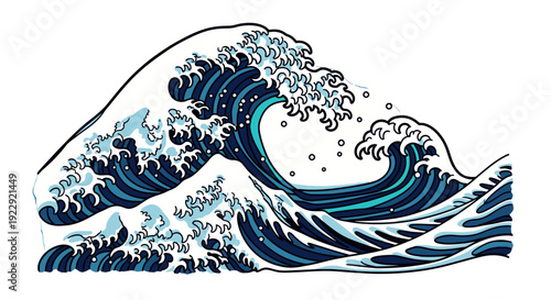 Stylized ocean wave illustration with blue and white hues.