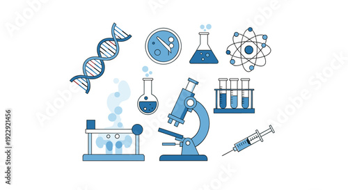 Collection of blue science laboratory equipment including a DNA strand, microscope, flasks, test tubes, and atom.