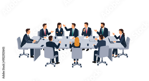 Diverse business professionals engage in a lively discussion around a large oval conference table in a meeting.