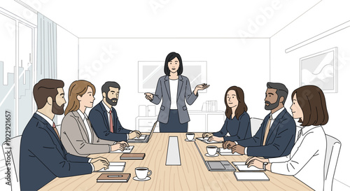 Female business leader conducts a meeting, speaking to diverse colleagues seated around a long conference table.
