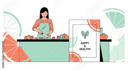 Woman Preparing Fresh Fruit Salad, Healthy Lifestyle, Dieting, Organic Food