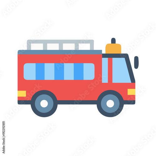 Flat vector illustration of a cheerful red firetruck against black backdrop
