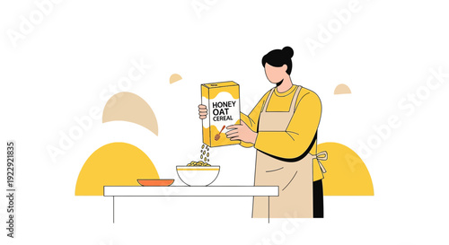 Woman preparing honey oat cereal in a bowl, healthy breakfast illustration
