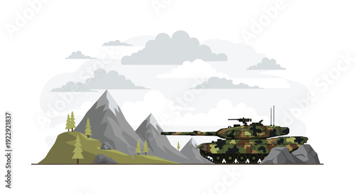 Camouflage military tank positioned on rocky terrain amidst mountains and pine trees under a cloudy sky.
