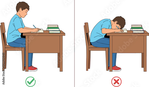 Correct and incorrect sitting posture for studying set with young boy sitting at desk with straight back vs slouched flat vector illustration isolated