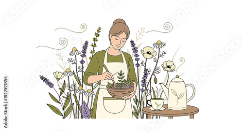 Woman Preparing Herbal Tea Amidst Blooming Flowers and Plants