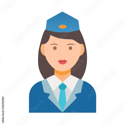 Flat vector illustration of a smiling flight attendant in uniform on black background