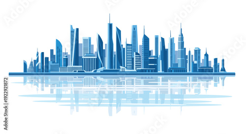 Futuristic blue cityscape skyline features towering modern skyscrapers reflected perfectly on calm water.