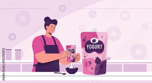 Woman Preparing Yogurt Pouch with Berries for Healthy Breakfast