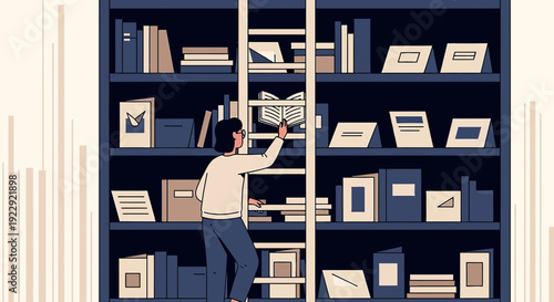 Woman Reaching for Book on Tall Library Shelf with Ladder