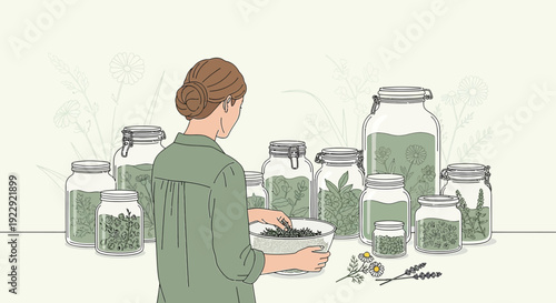 Woman Preserving Herbs and Plants in Jars, Botanical Illustration