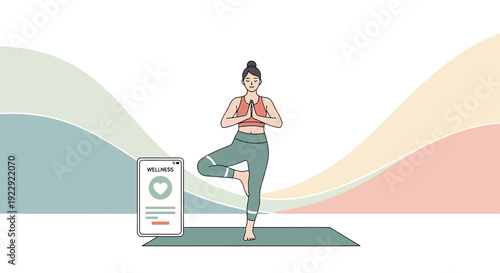 Woman practicing yoga tree pose with wellness app on phone, healthy lifestyle