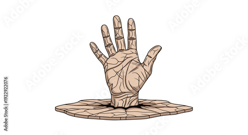 A hand with visible veins and cracked skin is dramatically emerging from the dry, cracked earth surface.