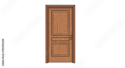 A simple two-panel wooden door with a unique horizontal middle section and a doorknob is closed.