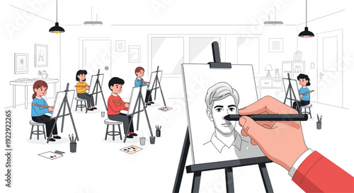 A hand draws a male portrait on an easel as students learn to sketch in a bright art classroom.