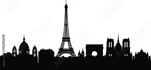 Paris city skyline silhouette with Eiffel Tower, Notre Dame, Arc de Triomphe, historic landmarks, French architecture, travel, tourism, urban vector design