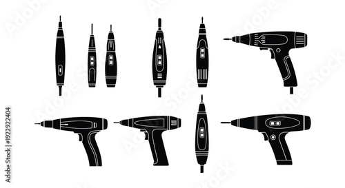 Black and white silhouettes of various power tools and drill attachments