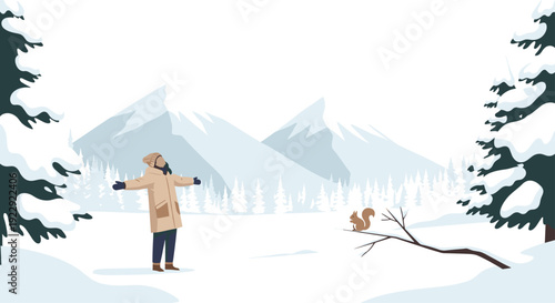 A person with arms open watches a squirrel on a snowy branch, with snow mountains.