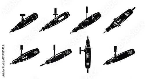 Black and white silhouettes of various power tools and drill attachments