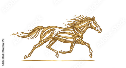 A stylized golden horse in a dynamic running pose, composed of flowing ribbon-like lines, gallops on a simple white background.