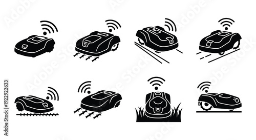 Black and white icons depicting robotic lawnmowers in various positions