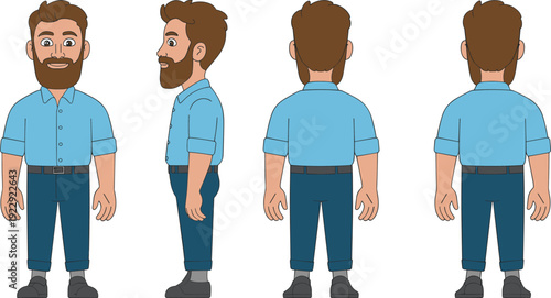 Cartoon bearded male character turnaround with front, side and back views, young man in blue shirt and pants flat vector illustration