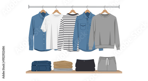 Five shirts hanging on a clothes rack above neatly folded pants and sweaters placed on a wooden shelf.
