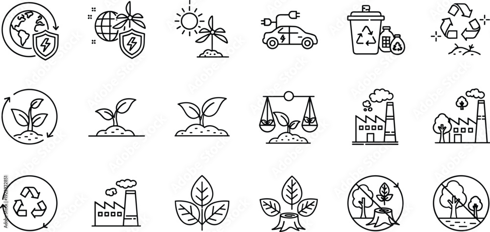 Fototapeta premium Sustainable green energy and environmental conservation line icon set featuring renewable solar wind power electric vehicle recycling and global ecology vector