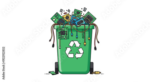 Green recycle bin overflowing with electronic waste, circuit boards, and tangled wires for e-waste recycling.