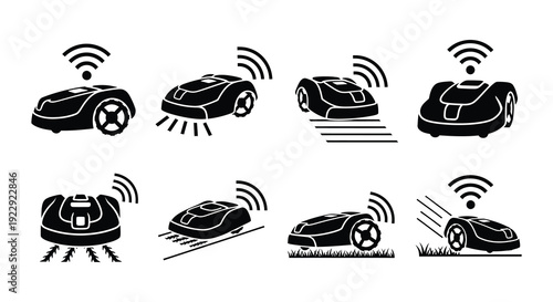 Black and white icons depicting robotic lawnmowers in various positions