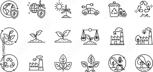 Sustainable green energy and environmental conservation line icon set featuring renewable solar wind power electric vehicle recycling and global ecology vector