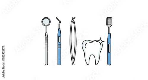 Collection of dental tools including a mirror, probe, tweezers, and a scaler with a sparkling clean tooth.