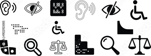 Universal Access and Inclusion Icons - Wheelchair, Braille, Hearing, Visual Impairment .

