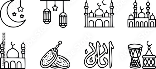 Islamic ramadan kareem icon set with crescent moon stars mosque lanterns and traditional dates for eid mubarak
