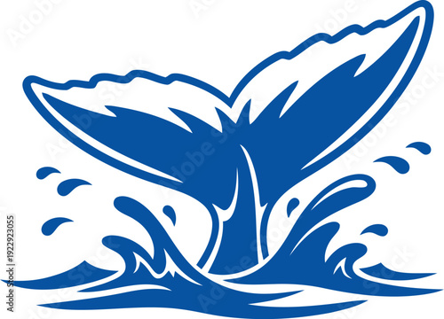 Blue whale tail illustration with splashing water, marine wildlife vector icon for ocean conservation designs