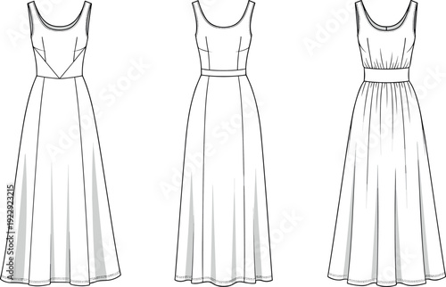 Set of three women sleeveless maxi dress vector fashion flat sketch templates featuring technical line drawings for apparel design illustration.