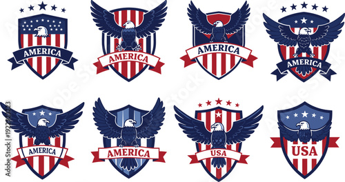 Patriotic USA eagle logos, American flag shields, vintage style badges, America emblems, freedom symbols, vector set, independence design.