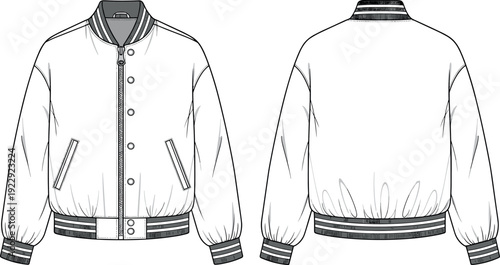 Blank varsity bomber jacket technical fashion flat sketch vector template showing front and back views for clothing design and manufacturing.