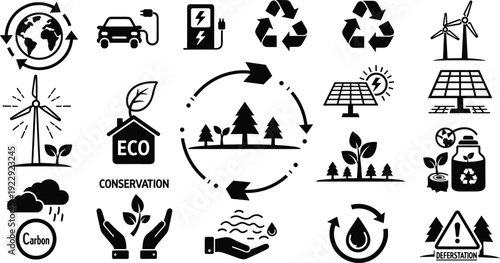 Environmental conservation and green energy silhouette icon set featuring renewable wind solar power recycling symbols electric vehicle and global ecology vector elements